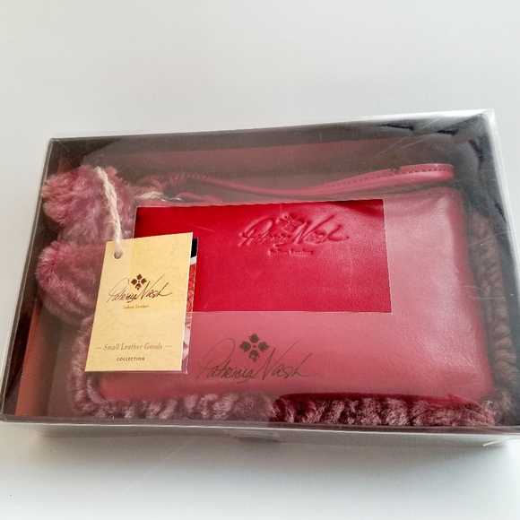 Patricia Nash Laser Cut Sherpa & Leather Wristlet In Berry Red - Picture 2 of 8